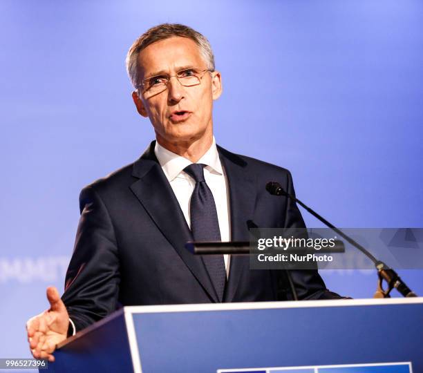 Secretary General, Jens Stoltenberg gives a press conference during 2018 summit in NATOs headquarters in Brussels, Belgium on July 11, 2018.