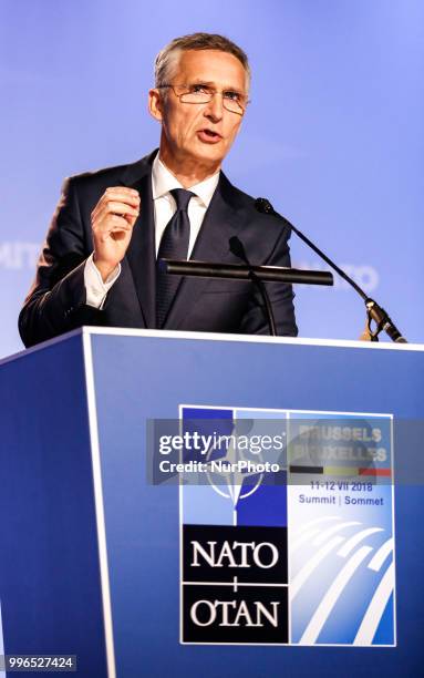 Secretary General, Jens Stoltenberg gives a press conference during 2018 summit in NATOs headquarters in Brussels, Belgium on July 11, 2018.