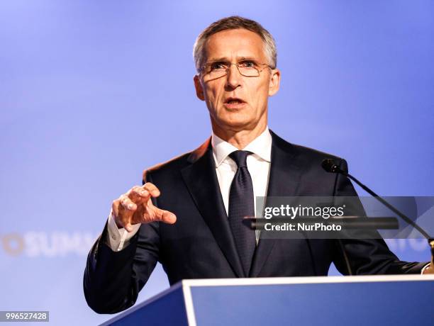 Secretary General, Jens Stoltenberg gives a press conference during 2018 summit in NATOs headquarters in Brussels, Belgium on July 11, 2018.