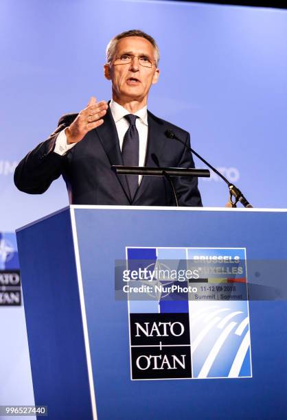 Secretary General, Jens Stoltenberg gives a press conference during 2018 summit in NATOs headquarters in Brussels, Belgium on July 11, 2018.