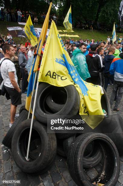 The owners of European-registered cars block Hrushevsky Street in front the Cabinet Ministers of Ukraine, during their a protest in Kiev, Ukraine, 11...