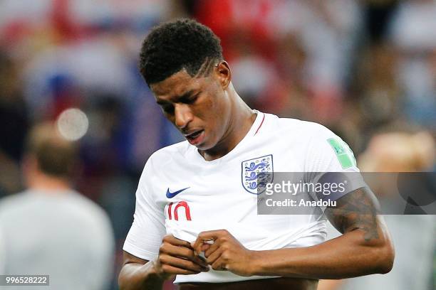 Marcus Rashford of England reacts after the 2018 FIFA World Cup Russia Semi Final match between England and Croatia at Luzhniki Stadium on July 11,...