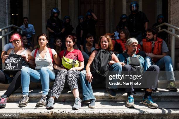 'We remain human' network activists chained themselves in front of the Italian Minister of Infrastructures and Transports to protest against Italian...