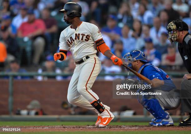 San Francisco Giants Right field Andrew McCutchen hits a pop fly during the MLB game between the Chicago Cubs and the San Francisco Giants on July 9,...