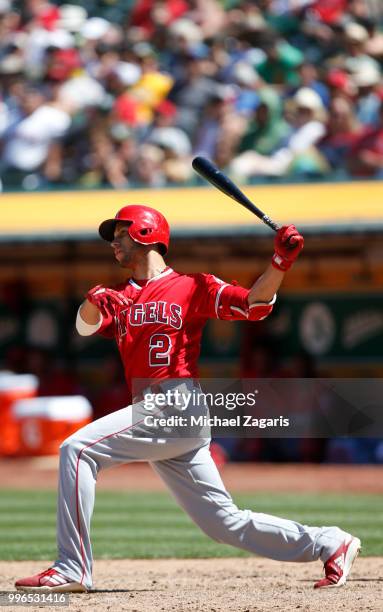 Andrelton Simmons of the Los Angeles Angels of Anaheim bats during the game against the Oakland Athletics at the Oakland Alameda Coliseum on June 16,...