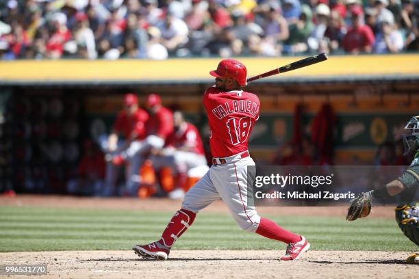 Luis Valbuena of the Los Angeles Angels of Anaheim bats during the game against the Oakland Athletics at the Oakland Alameda Coliseum on June 16,...