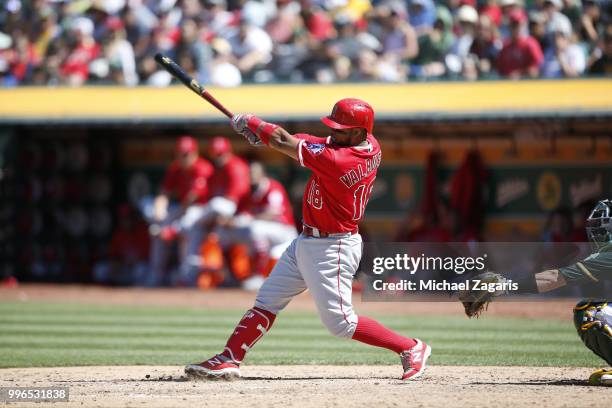 Luis Valbuena of the Los Angeles Angels of Anaheim bats during the game against the Oakland Athletics at the Oakland Alameda Coliseum on June 16,...