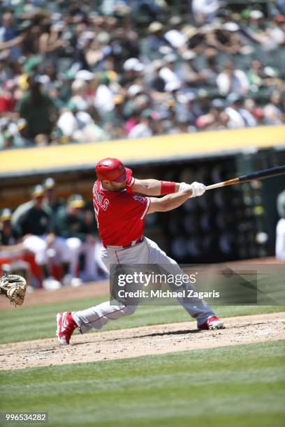 Albert Pujols of the Los Angeles Angels of Anaheim bats during the game against the Oakland Athletics at the Oakland Alameda Coliseum on June 16,...