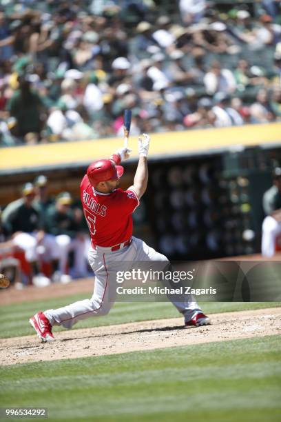 Albert Pujols of the Los Angeles Angels of Anaheim bats during the game against the Oakland Athletics at the Oakland Alameda Coliseum on June 16,...