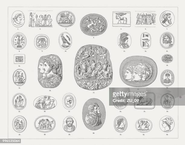 stockillustraties, clipart, cartoons en iconen met historische gegraveerde edelstenen en cameeën, houtsnijwerk, gepubliceerd in 1897 - etruscan