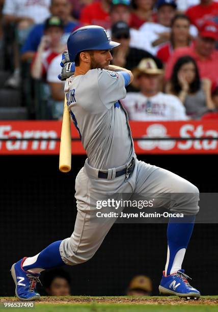 Chris Taylor of the Los Angeles Dodgers at bat in the game against the Los Angeles Angels of Anaheim at Angel Stadium on July 8, 2018 in Anaheim,...