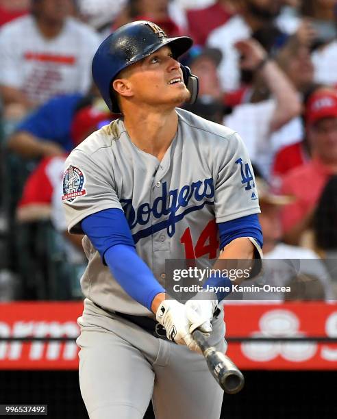 Enrique Hernandez of the Los Angeles Dodgers at bat in the game against the Los Angeles Angels of Anaheim at Angel Stadium on July 8, 2018 in...