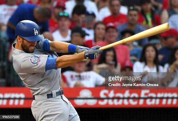 Chris Taylor of the Los Angeles Dodgers at bat in the game against the Los Angeles Angels of Anaheim at Angel Stadium on July 8, 2018 in Anaheim,...