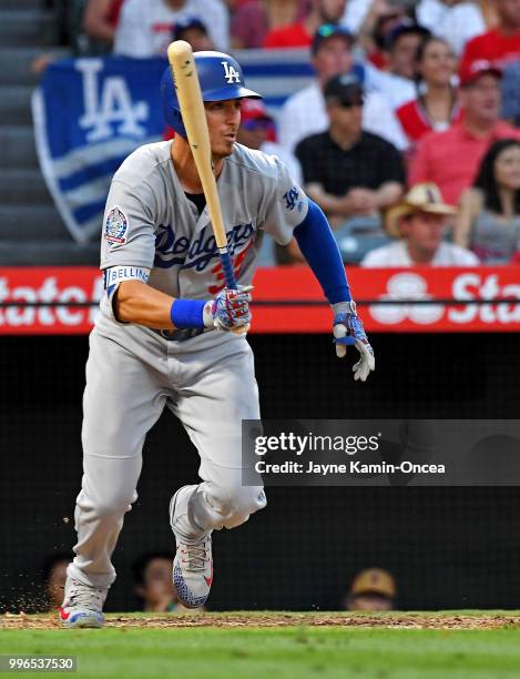 Cody Bellinger of the Los Angeles Dodgers at bat in the game against the Los Angeles Angels of Anaheim at Angel Stadium on July 8, 2018 in Anaheim,...