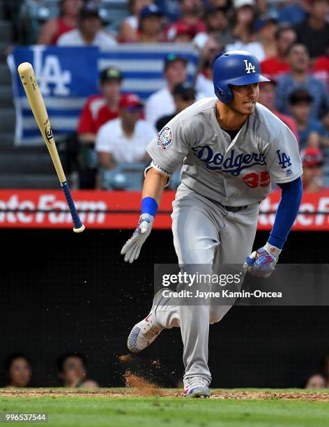 Cody Bellinger of the Los Angeles Dodgers at bat in the game against the Los Angeles Angels of Anaheim at Angel Stadium on July 8, 2018 in Anaheim,...