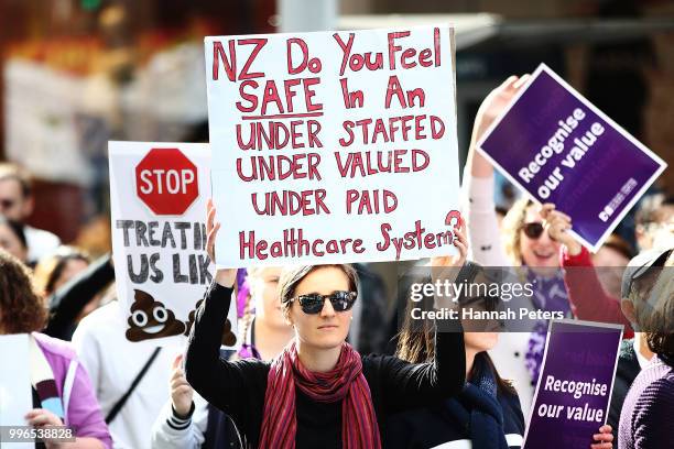 Nurses protest up Queen Street on July 12, 2018 in Auckland, New Zealand. Thousands of nurses voted to walk off the job for the first time in 30...