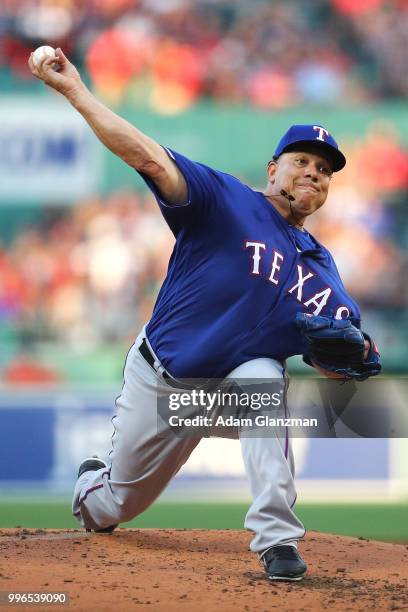 Bartolo Colon of the Texas Rangers pitches in the first inning of a game against the Boston Red Sox at Fenway Park on July 11, 2018 in Boston,...