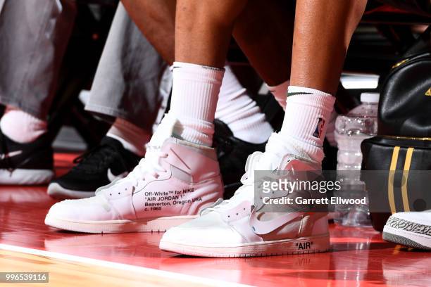The sneakers worn by Giannis Antetokounmpo of the the Milwaukee Bucks are seen during the game between the the Chicago Bulls and the Dallas Mavericks...
