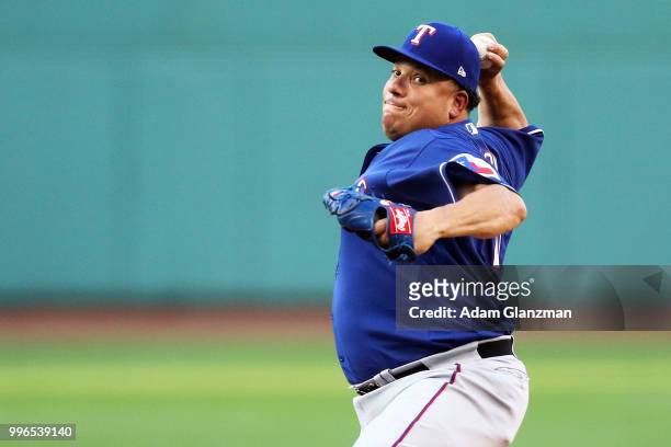 Bartolo Colon of the Texas Rangers pitches in the first inning of a game against the Boston Red Sox at Fenway Park on July 11, 2018 in Boston,...