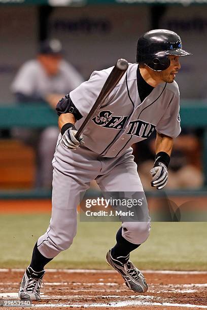 Outfielder Ichiro Suzuki of the Seattle Mariners gets bats against the Tampa Bay Rays during the game at Tropicana Field on May 15, 2010 in St....