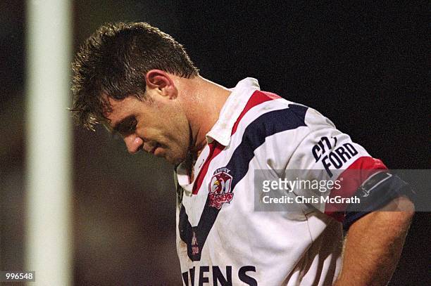 Brad Fittler for the Sydney Roosters is dejected by the teams defeat during the round 20 NRL match played between the Penrith Panthers and the Sydney...