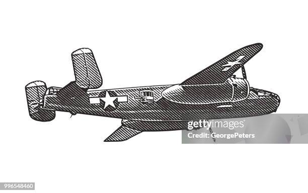 ww2 mitchell b-25 medium bomber - air raid stock illustrations