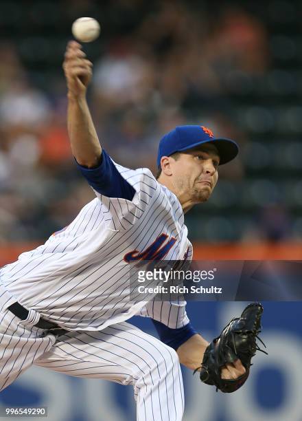 Jacob deGrom of the New York Mets delivers a pitch against the Philadelphia Phillies during the first inning of a game at Citi Field on July 11, 2018...