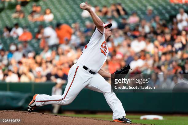 Dylan Bundy of the Baltimore Orioles pitches during the first inning against the New York Yankees at Oriole Park at Camden Yards on July 11, 2018 in...