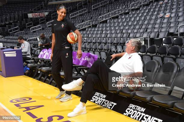 Ja Wilson of the Las Vegas Aces speaks with Head Coach Bill Laimbeer before the game against the Los Angeles Sparks on July 1, 2018 at STAPLES Center...