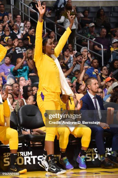 Jantel Lavender of the Los Angeles Sparks reacts during the game against the Las Vegas Aces on July 1, 2018 at STAPLES Center in Los Angeles,...