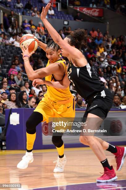 Candace Parker of the Los Angeles Sparks handles the ball against the Las Vegas Aces on July 1, 2018 at STAPLES Center in Los Angeles, California....