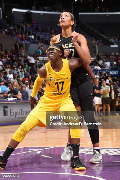 Essence Carson of the Los Angeles Sparks and A'ja Wilson of the Las Vegas Aces wait for the ball on July 1, 2018 at STAPLES Center in Los Angeles,...