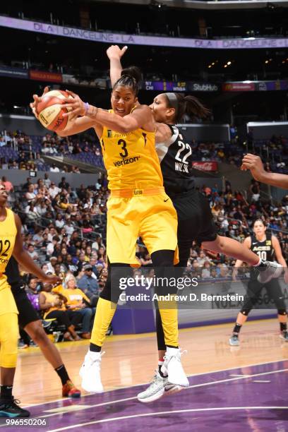 Candace Parker of the Los Angeles Sparks handles the ball against the Las Vegas Aces on July 1, 2018 at STAPLES Center in Los Angeles, California....