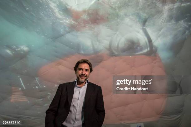 Javier Bardem attends a Greenpeace campaign event on July 09, 2018 in Cambridge, England. Bardem joined Greenpeace to discuss a campaign to create a...