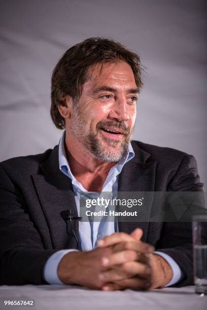 Javier Bardem attends a Greenpeace campaign event on July 09, 2018 in Cambridge, England. Bardem joined Greenpeace to discuss a campaign to create a...
