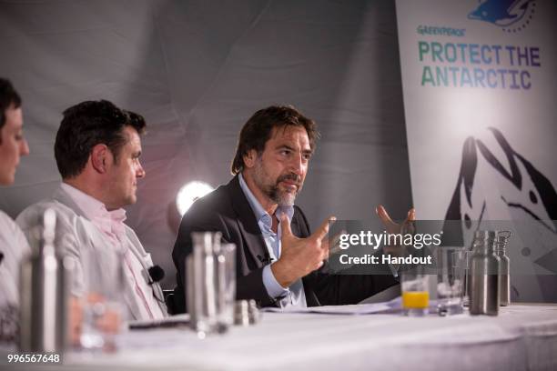 Javier Bardem attends a Greenpeace campaign event on July 09, 2018 in Cambridge, England. Bardem joined Greenpeace to discuss a campaign to create a...