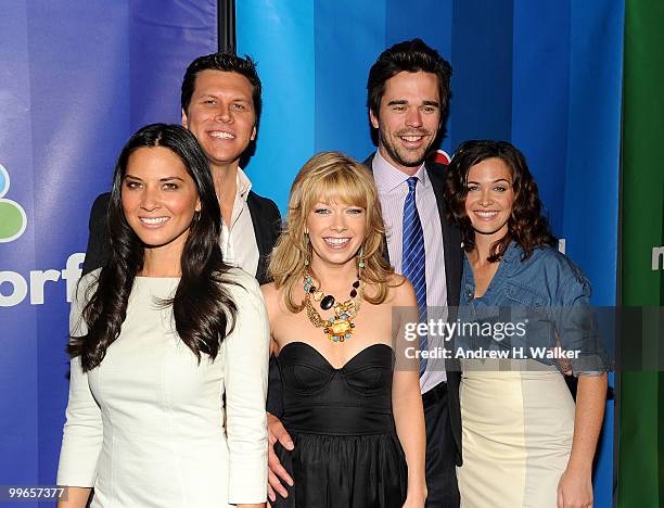 The cast of "Perfect Couples" Olivia Munn, Hayes MacArthur, Mary Elizabeth Ellis, David Walton and Christine Woods attend the 2010 NBC Upfront...