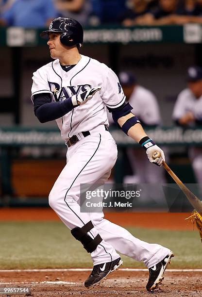 Infielder Evan Longoria of the Tampa Bay Rays bats against the Seattle Mariners during the game at Tropicana Field on May 15, 2010 in St. Petersburg,...