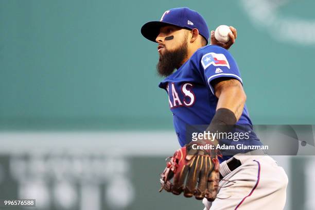 Rougned Odor of the Texas Rangers throws to first base during a game against the Boston Red Sox at Fenway Park on JULY 9, 2018 in Boston,...