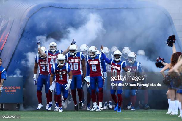 The Montreal Alouettes take to the field against the Ottawa Redblacks during the CFL game at Percival Molson Stadium on July 6, 2018 in Montreal,...