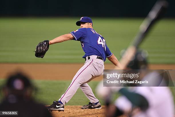 Rich Harden of the Texas Rangers pitching during the game against the Oakland Athletics at the Oakland Coliseum on May 3, 2010 in Oakland,...