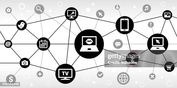 laptop screen and lips internet communication technology triangular node pattern background - key dates stock illustrations
