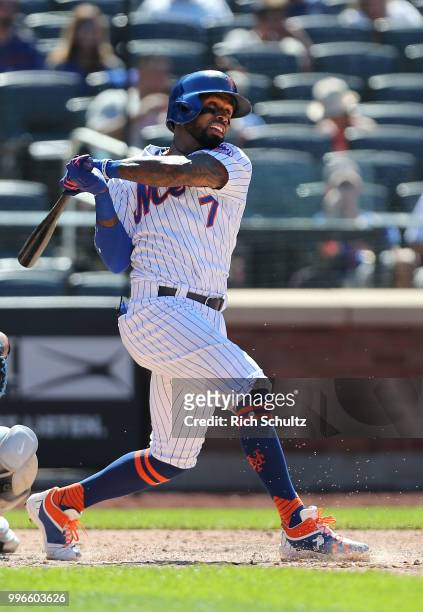 Jose Reyes of the New York Mets in action against the Tampa Bay Rays during a game at Citi Field on July 8, 2018 in the Flushing neighborhood of the...