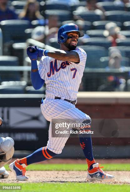 Jose Reyes of the New York Mets in action against the Tampa Bay Rays during a game at Citi Field on July 8, 2018 in the Flushing neighborhood of the...