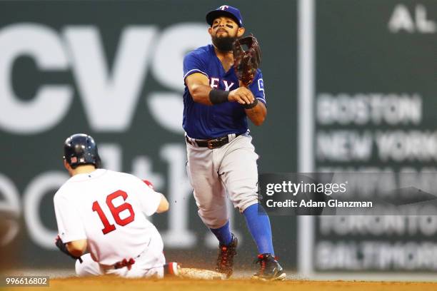 Rougned Odor of the Texas Rangers turns a double play over the slide of Andrew Benintendi of the Boston Red Sox in the third inning of a game at...