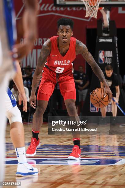 Antonio Blakeney of the Chicago Bulls handles the ball against the Dallas Mavericks during the 2018 Las Vegas Summer League on July 11, 2018 at the...