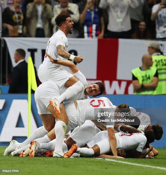 Kyle Walker of England celebrates after Kieran Trippier of England scores his team's opening goal during the 2018 FIFA World Cup Russia Semi Final...