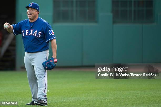 Bartolo Colon of the Texas Rangers reacts as he warms up before a game against the Boston Red Sox on July 11, 2018 at Fenway Park in Boston,...