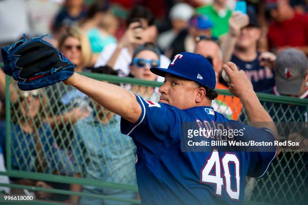 Bartolo Colon of the Texas Rangers warms up before a game against the Boston Red Sox on July 11, 2018 at Fenway Park in Boston, Massachusetts.