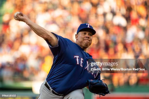 Bartolo Colon of the Texas Rangers delivers during the first inning of a game against the Boston Red Sox on July 11, 2018 at Fenway Park in Boston,...